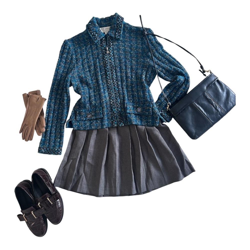 St. John Teal Tweed Zip-Front Jacket